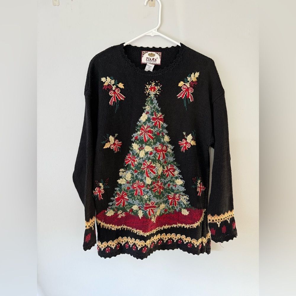 VTG TIARA Christmas Tree Sweater Multi Color Knit Elegant Black Gold Red S M